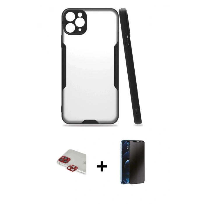 MARSİLYAN™- iPhone 11 Pro Max Kılıf Atlas Asil Serisi - Siyah 3D Antistatik Hayalet Cam Ekran Koruyucu + Pers Alüminyum Kamera Lens - KI