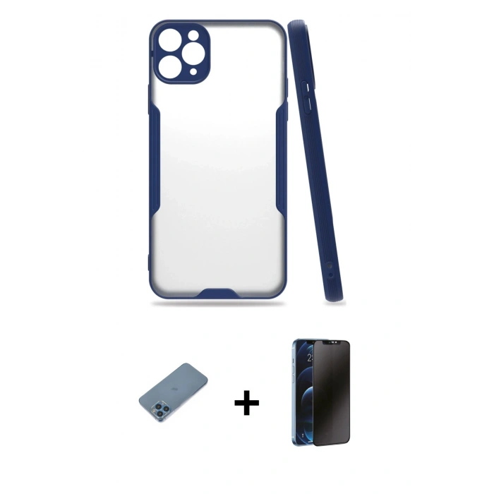 MARSİLYAN™- iPhone 11 Pro Max Kılıf Atlas Asil Serisi - Siyah 3D Antistatik Hayalet Cam Ekran Koruyucu + Shine Kamera Lens Koruma Cam - MI