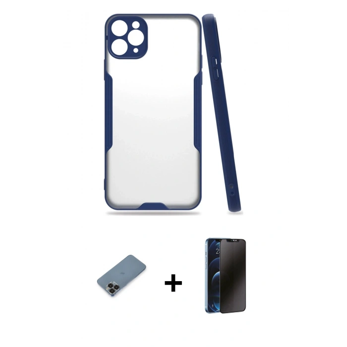 MARSİLYAN™- iPhone 11 Pro Max Kılıf Atlas Asil Serisi - Siyah 3D Antistatik Hayalet Cam Ekran Koruyucu + Metal Kamera Lens Koruma Cam - SH