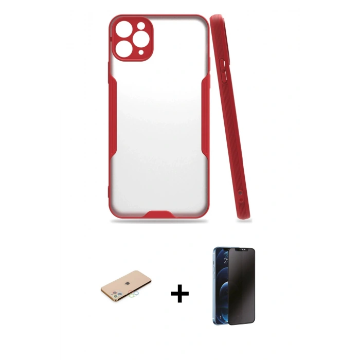 MARSİLYAN™- iPhone 11 Pro Max Kılıf Atlas Asil Serisi - Siyah 3D Antistatik Hayalet Cam Ekran Koruyucu + Renkli Kamera Lens Koruma Cam - MI