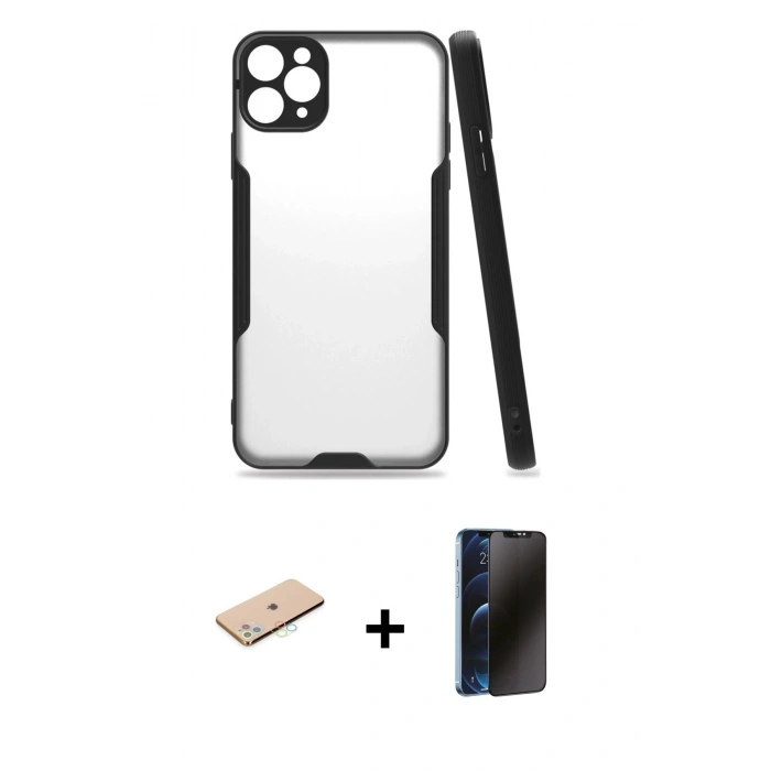 MARSİLYAN™- iPhone 11 Pro Max Kılıf Atlas Asil Serisi - Siyah 3D Antistatik Hayalet Cam Ekran Koruyucu + Renkli Kamera Lens Koruma Cam - MI