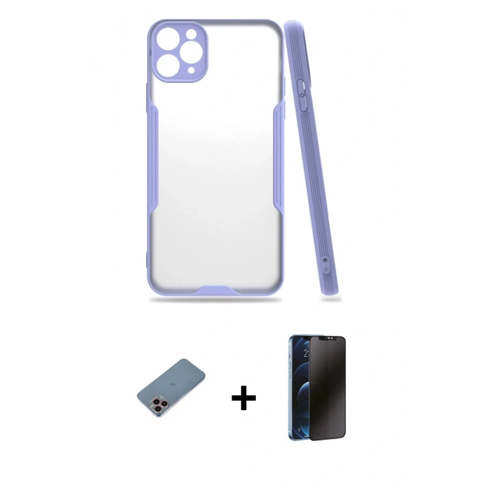 MARSİLYAN™- iPhone 11 Pro Max Kılıf Atlas Asil Serisi - Siyah 3D Antistatik Hayalet Cam Ekran Koruyucu + Shine Kamera Lens Koruma Cam - PE