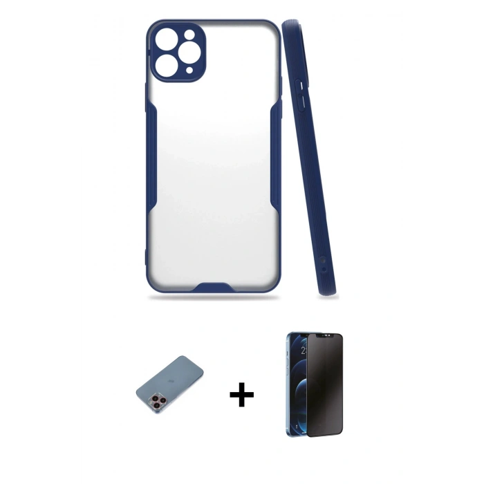 MARSİLYAN™- iPhone 11 Pro Max Kılıf Atlas Asil Serisi - Siyah 3D Antistatik Hayalet Cam Ekran Koruyucu + Shine Kamera Lens Koruma Cam - PE