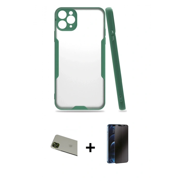 MARSİLYAN™- iPhone 11 Pro Max Kılıf Atlas Asil Serisi - Siyah 3D Antistatik Hayalet Cam Ekran Koruyucu + Rainbow Kamera Lens Koruma Cam - YL