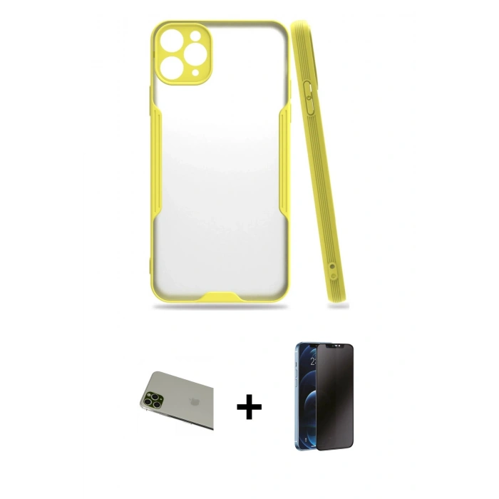 MARSİLYAN™- iPhone 11 Pro Max Kılıf Atlas Asil Serisi - Siyah 3D Antistatik Hayalet Cam Ekran Koruyucu + Rainbow Kamera Lens Koruma Cam - YL
