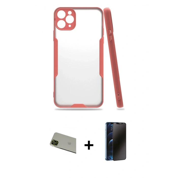 MARSİLYAN™- iPhone 11 Pro Max Kılıf Atlas Asil Serisi - Siyah 3D Antistatik Hayalet Cam Ekran Koruyucu + Rainbow Kamera Lens Koruma Cam - YL