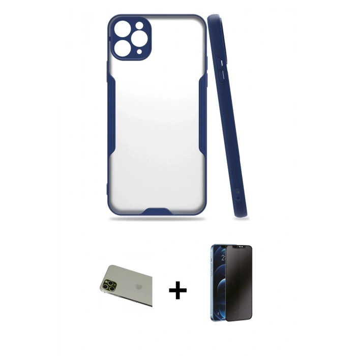 MARSİLYAN™- iPhone 11 Pro Max Kılıf Atlas Asil Serisi - Siyah 3D Antistatik Hayalet Cam Ekran Koruyucu + Rainbow Kamera Lens Koruma Cam - YL