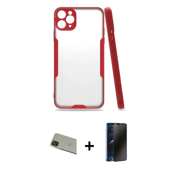 MARSİLYAN™- iPhone 11 Pro Max Kılıf Atlas Asil Serisi - Siyah 3D Antistatik Hayalet Cam Ekran Koruyucu + Rainbow Kamera Lens Koruma Cam - YL