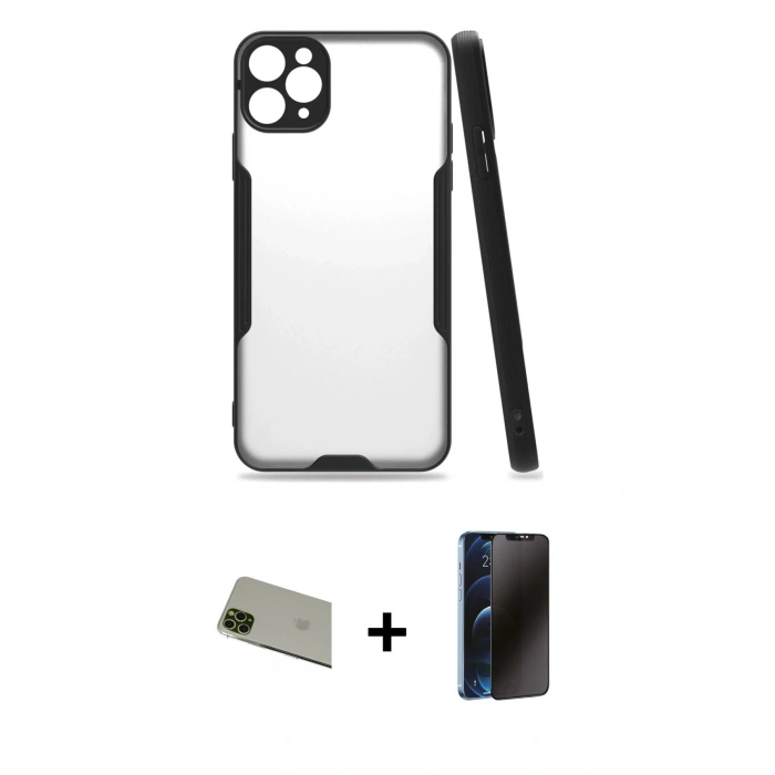 MARSİLYAN™- iPhone 11 Pro Max Kılıf Atlas Asil Serisi - Siyah 3D Antistatik Hayalet Cam Ekran Koruyucu + Rainbow Kamera Lens Koruma Cam - YL