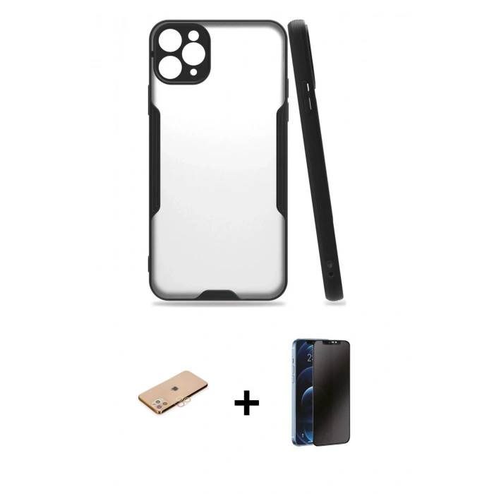 MARSİLYAN™- iPhone 11 Pro Max Kılıf Atlas Asil Serisi - Siyah 3D Antistatik Hayalet Cam Ekran Koruyucu + Renkli Kamera Lens Koruma Cam - TU