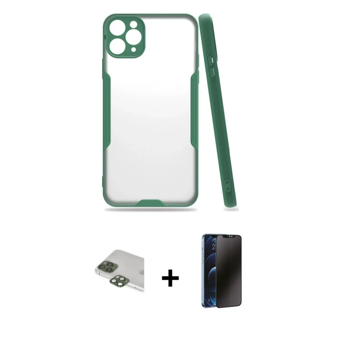 MARSİLYAN™- iPhone 11 Pro Max Kılıf Atlas Asil Serisi - Siyah 3D Antistatik Hayalet Cam Ekran Koruyucu + Pers Alüminyum Kamera Lens - YL