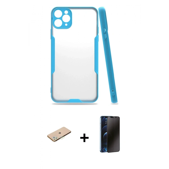 MARSİLYAN™- iPhone 11 Pro Max Kılıf Atlas Asil Serisi - Siyah 3D Antistatik Hayalet Cam Ekran Koruyucu + Renkli Kamera Lens Koruma Cam - YL