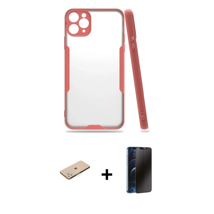 MARSİLYAN™- iPhone 11 Pro Max Kılıf Atlas Asil Serisi - Siyah 3D Antistatik Hayalet Cam Ekran Koruyucu + Renkli Kamera Lens Koruma Cam - YL