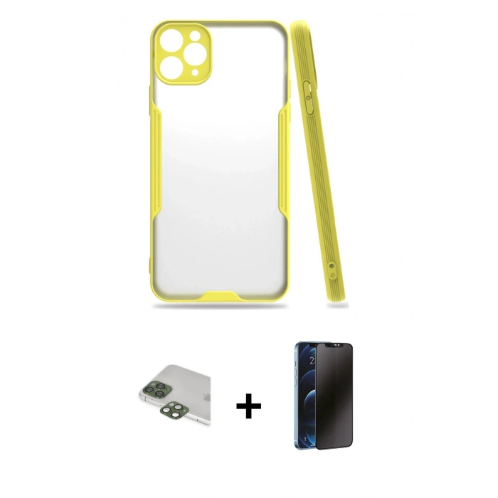 MARSİLYAN™- iPhone 11 Pro Max Kılıf Atlas Asil Serisi - Siyah 3D Antistatik Hayalet Cam Ekran Koruyucu + Pers Alüminyum Kamera Lens - YL