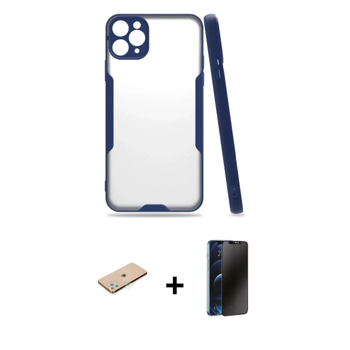 MARSİLYAN™- iPhone 11 Pro Max Kılıf Atlas Asil Serisi - Siyah 3D Antistatik Hayalet Cam Ekran Koruyucu + Renkli Kamera Lens Koruma Cam - YL