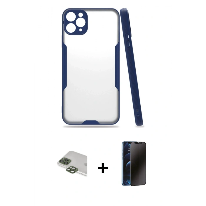 MARSİLYAN™- iPhone 11 Pro Max Kılıf Atlas Asil Serisi - Siyah 3D Antistatik Hayalet Cam Ekran Koruyucu + Pers Alüminyum Kamera Lens - YL