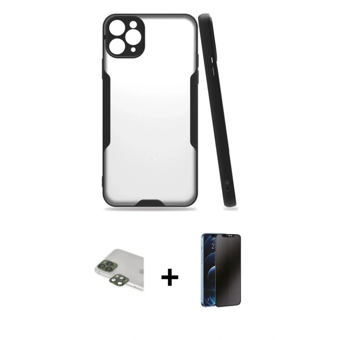 MARSİLYAN™- iPhone 11 Pro Max Kılıf Atlas Asil Serisi - Siyah 3D Antistatik Hayalet Cam Ekran Koruyucu + Pers Alüminyum Kamera Lens - YL