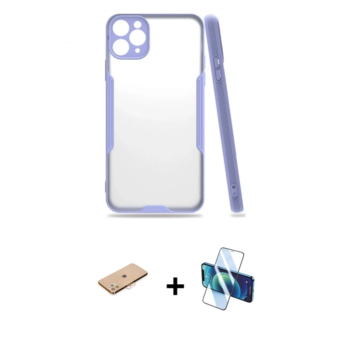 MARSİLYAN™- iPhone 11 Pro Max Kılıf Atlas Asil Serisi - Siyah 3D Antistatik Seramik Nano Ekran Koruyucu + Renkli Kamera Lens Koruma Cam - TU