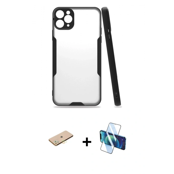 MARSİLYAN™- iPhone 11 Pro Max Kılıf Atlas Asil Serisi - Siyah 3D Antistatik Seramik Nano Ekran Koruyucu + Renkli Kamera Lens Koruma Cam - SI