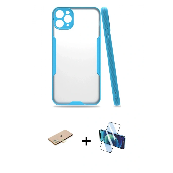 MARSİLYAN™- iPhone 11 Pro Max Kılıf Atlas Asil Serisi - Siyah 3D Antistatik Seramik Nano Ekran Koruyucu + Renkli Kamera Lens Koruma Cam - SI