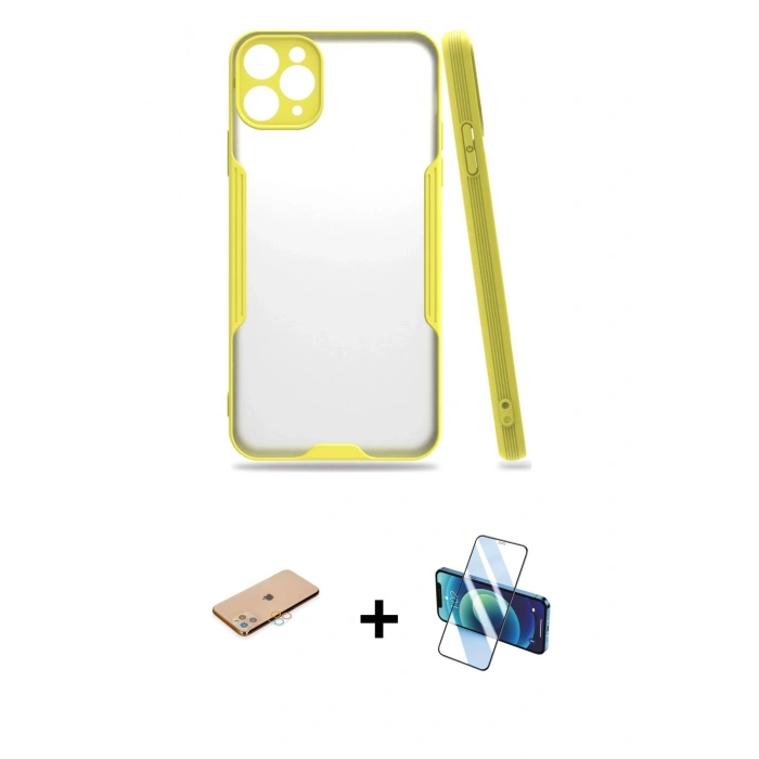 MARSİLYAN™- iPhone 11 Pro Max Kılıf Atlas Asil Serisi - Siyah 3D Antistatik Seramik Nano Ekran Koruyucu + Renkli Kamera Lens Koruma Cam - PE