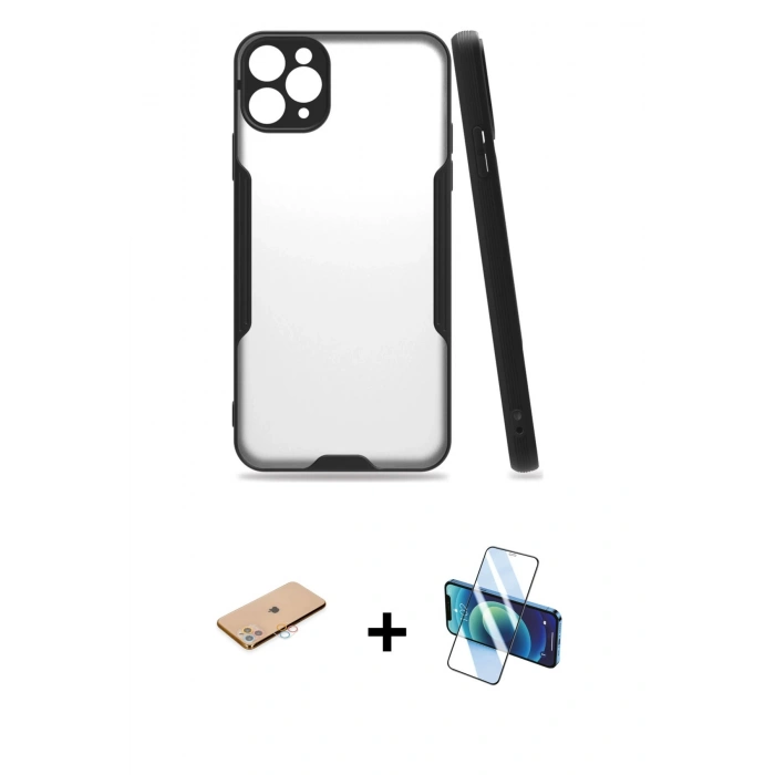 MARSİLYAN™- iPhone 11 Pro Max Kılıf Atlas Asil Serisi - Siyah 3D Antistatik Seramik Nano Ekran Koruyucu + Renkli Kamera Lens Koruma Cam - PE