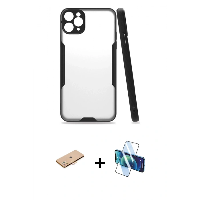 MARSİLYAN™- iPhone 11 Pro Max Kılıf Atlas Asil Serisi - Siyah 3D Antistatik Seramik Nano Ekran Koruyucu + Renkli Kamera Lens Koruma Cam - TU
