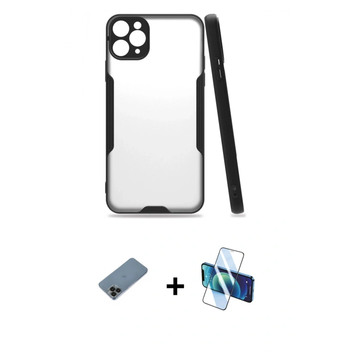 MARSİLYAN™- iPhone 11 Pro Max Kılıf Atlas Asil Serisi - Siyah 3D Antistatik Seramik Nano Ekran Koruyucu + Shine Kamera Lens Koruma Cam - SH
