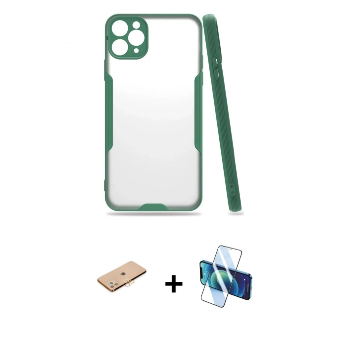 MARSİLYAN™- iPhone 11 Pro Max Kılıf Atlas Asil Serisi - Siyah 3D Antistatik Seramik Nano Ekran Koruyucu + Renkli Kamera Lens Koruma Cam - TU