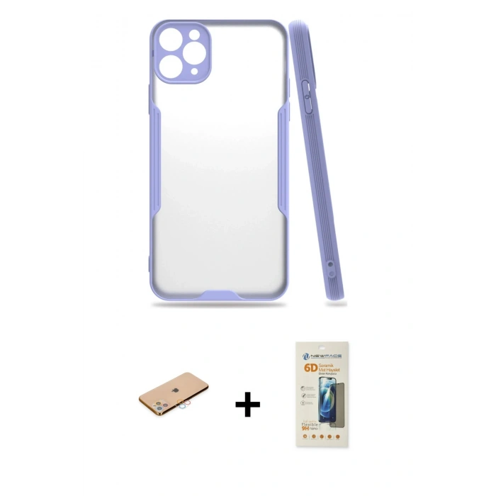 MARSİLYAN™- iPhone 11 Pro Max Kılıf Atlas Asil Serisi - Siyah 6D Mat Seramik Hayalet Nano Ekran Koruyucu + Renkli Kamera Lens Koruma Cam - PE