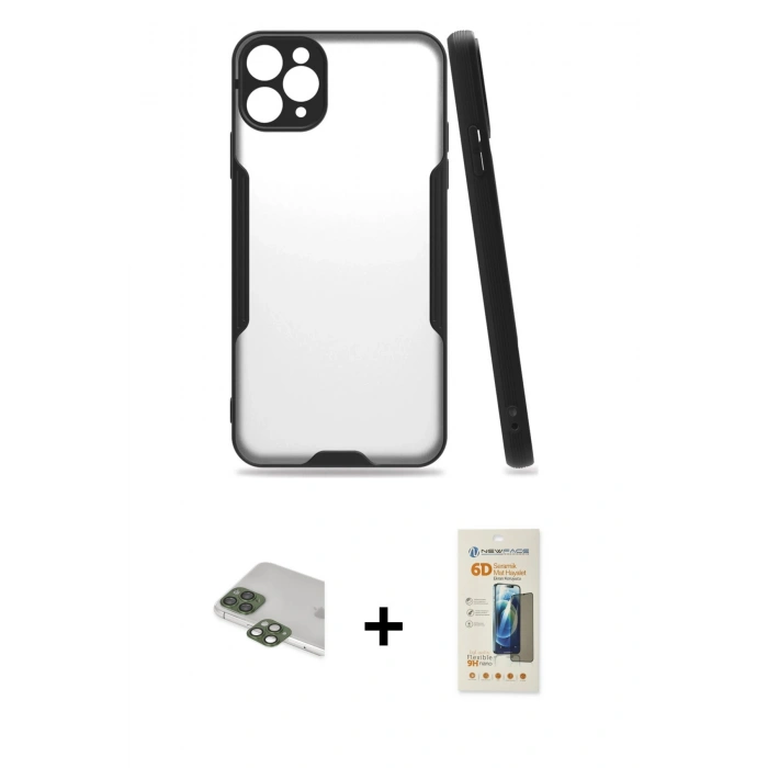 MARSİLYAN™- iPhone 11 Pro Max Kılıf Atlas Asil Serisi - Siyah 6D Mat Seramik Hayalet Nano Ekran Koruyucu + Pers Alüminyum Kamera Lens - YL
