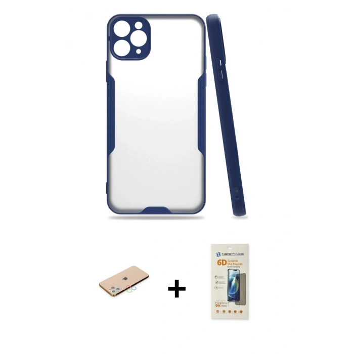 MARSİLYAN™- iPhone 11 Pro Max Kılıf Atlas Asil Serisi - Siyah 6D Mat Seramik Hayalet Nano Ekran Koruyucu + Renkli Kamera Lens Koruma Cam - MI