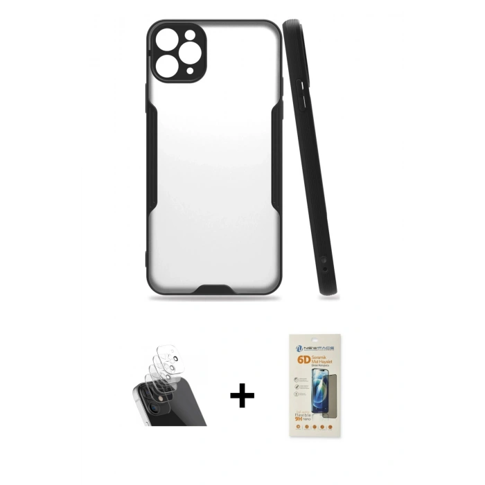 MARSİLYAN™- iPhone 11 Pro Max Kılıf Atlas Asil Serisi - Siyah 6D Mat Seramik Hayalet Nano Ekran Koruyucu + Kamera Lens Koruma Cam - SF