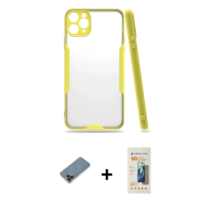 MARSİLYAN™- iPhone 11 Pro Max Kılıf Atlas Asil Serisi - Siyah 6D Mat Seramik Hayalet Nano Ekran Koruyucu + Metal Kamera Lens Koruma Cam - SH