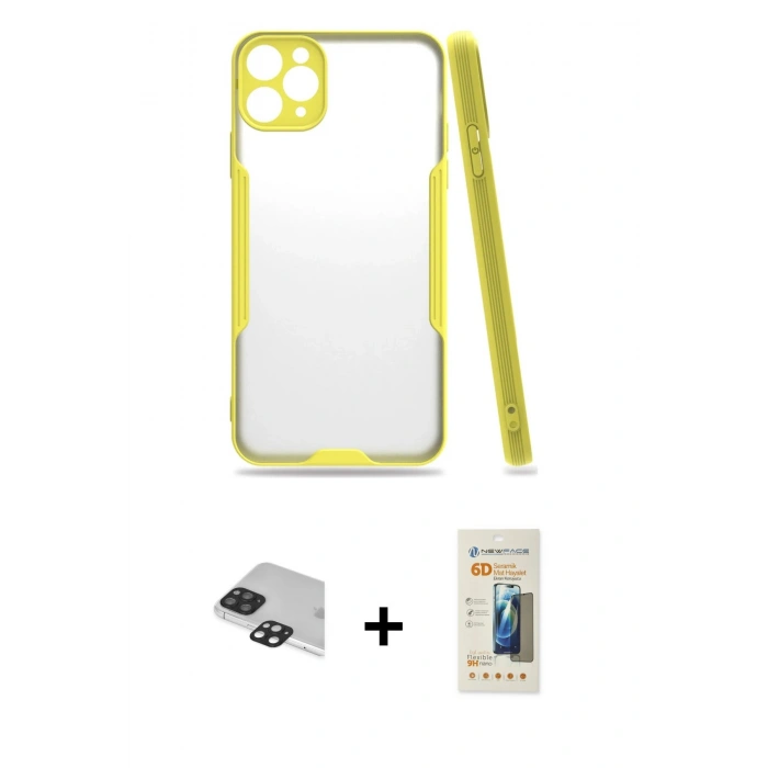 MARSİLYAN™- iPhone 11 Pro Max Kılıf Atlas Asil Serisi - Siyah 6D Mat Seramik Hayalet Nano Ekran Koruyucu + Pers Alüminyum Kamera Lens - SH