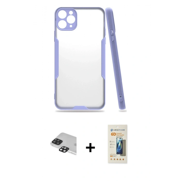 MARSİLYAN™- iPhone 11 Pro Max Kılıf Atlas Asil Serisi - Siyah 6D Mat Seramik Hayalet Nano Ekran Koruyucu + Pers Alüminyum Kamera Lens - SH