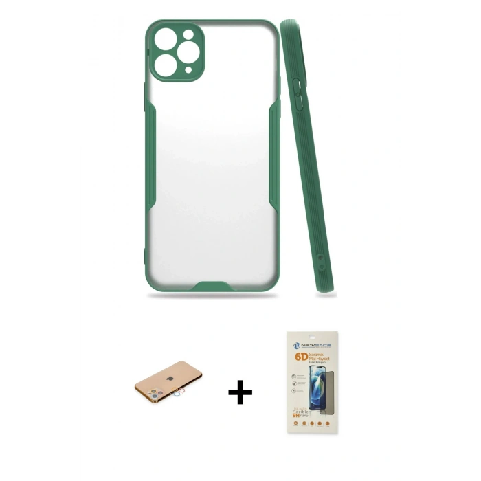 MARSİLYAN™- iPhone 11 Pro Max Kılıf Atlas Asil Serisi - Siyah 6D Mat Seramik Hayalet Nano Ekran Koruyucu + Renkli Kamera Lens Koruma Cam - PE