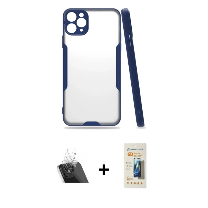 MARSİLYAN™- iPhone 11 Pro Max Kılıf Atlas Asil Serisi - Siyah 6D Mat Seramik Hayalet Nano Ekran Koruyucu + Kamera Lens Koruma Cam - SF