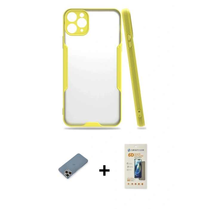 MARSİLYAN™- iPhone 11 Pro Max Kılıf Atlas Asil Serisi - Siyah 6D Mat Seramik Hayalet Nano Ekran Koruyucu + Metal Kamera Lens Koruma Cam - GD