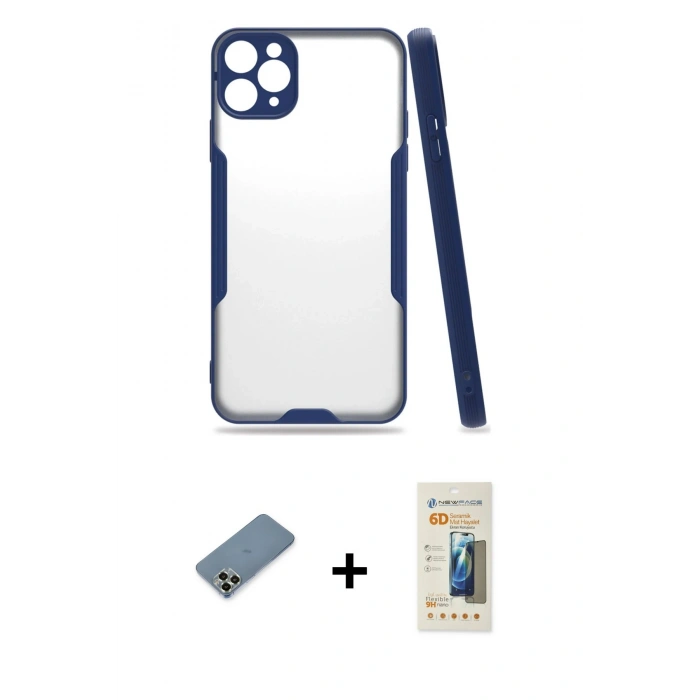 MARSİLYAN™- iPhone 11 Pro Max Kılıf Atlas Asil Serisi - Siyah 6D Mat Seramik Hayalet Nano Ekran Koruyucu + Metal Kamera Lens Koruma Cam - AKYL