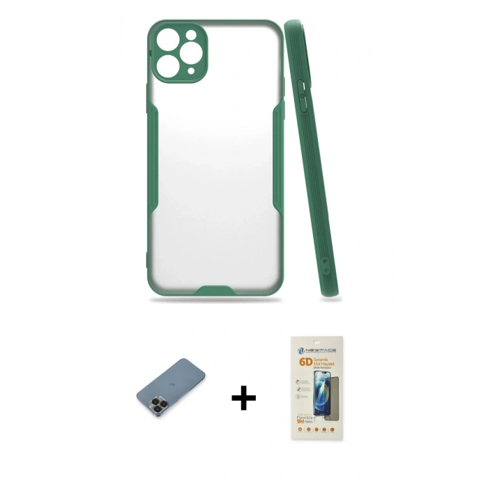 MARSİLYAN™- iPhone 11 Pro Max Kılıf Atlas Asil Serisi - Siyah 6D Mat Seramik Hayalet Nano Ekran Koruyucu + Metal Kamera Lens Koruma Cam - SH