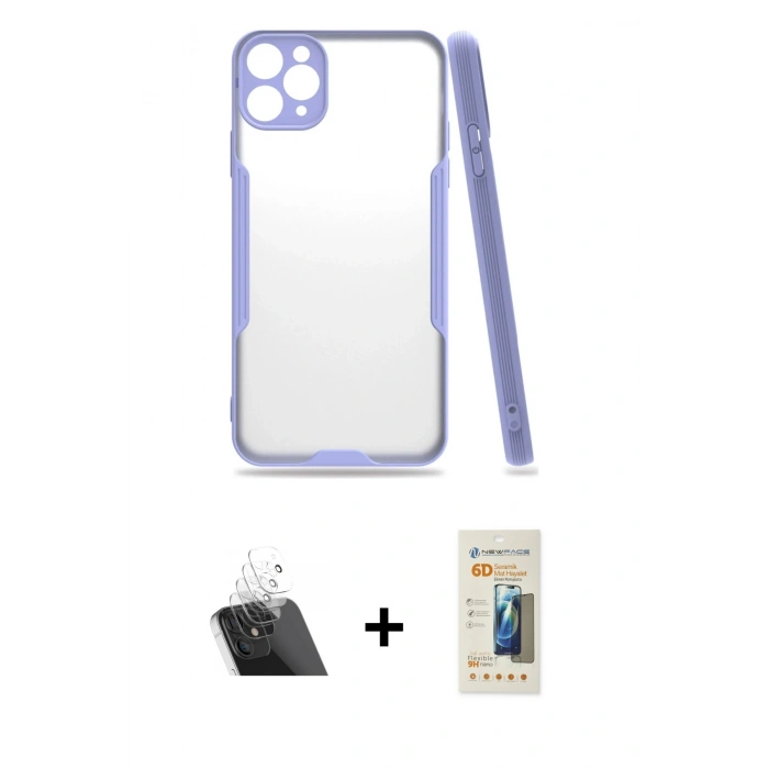 MARSİLYAN™- iPhone 11 Pro Max Kılıf Atlas Asil Serisi - Siyah 6D Mat Seramik Hayalet Nano Ekran Koruyucu + Kamera Lens Koruma Cam - SF