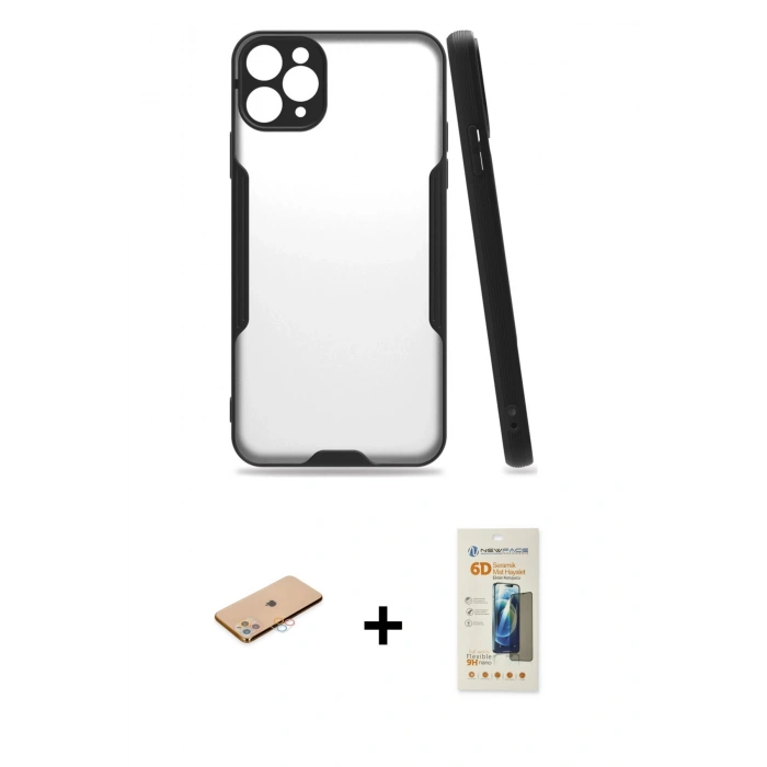 MARSİLYAN™- iPhone 11 Pro Max Kılıf Atlas Asil Serisi - Siyah 6D Mat Seramik Hayalet Nano Ekran Koruyucu + Renkli Kamera Lens Koruma Cam - PE