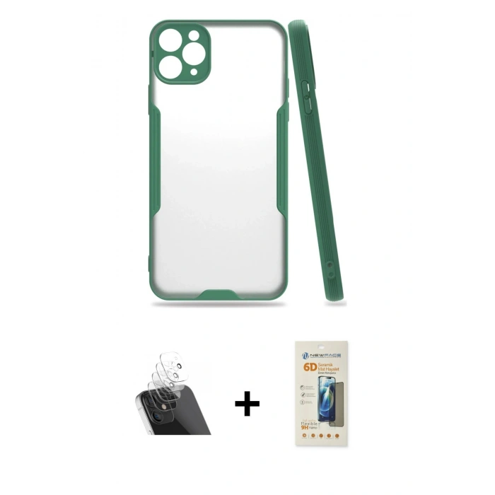 MARSİLYAN™- iPhone 11 Pro Max Kılıf Atlas Asil Serisi - Siyah 6D Mat Seramik Hayalet Nano Ekran Koruyucu + Kamera Lens Koruma Cam - SF