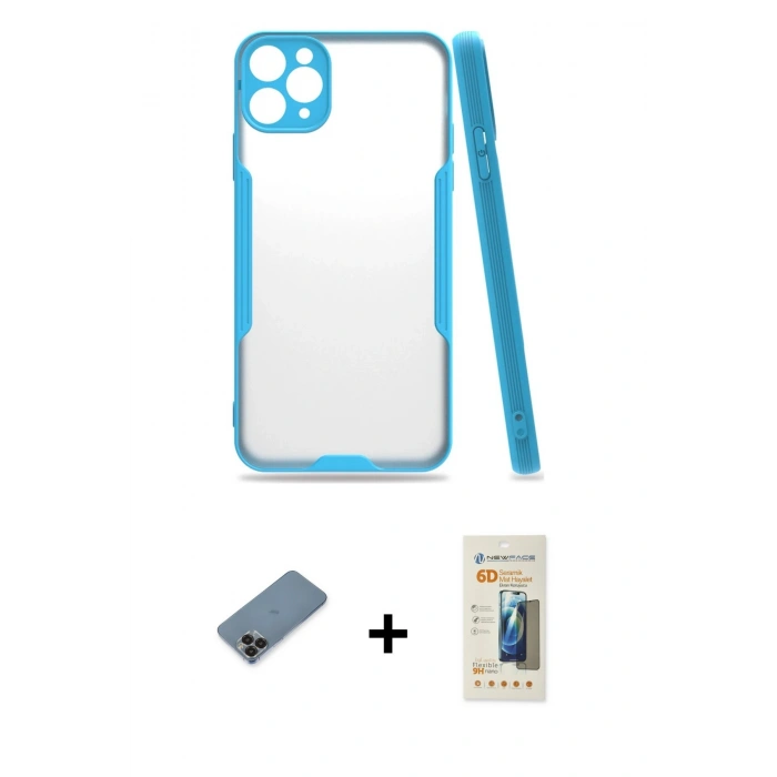 MARSİLYAN™- iPhone 11 Pro Max Kılıf Atlas Asil Serisi - Siyah 6D Mat Seramik Hayalet Nano Ekran Koruyucu + Metal Kamera Lens Koruma Cam - SH