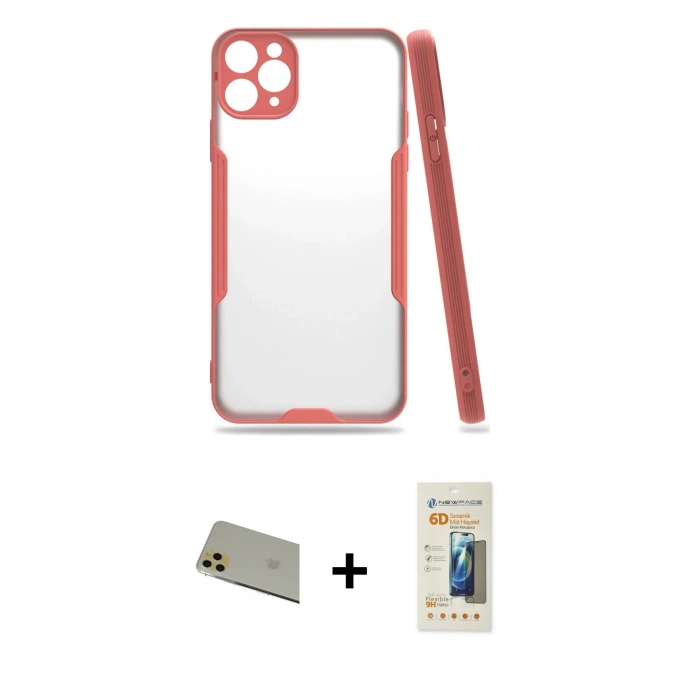MARSİLYAN™- iPhone 11 Pro Max Kılıf Atlas Asil Serisi - Siyah 6D Mat Seramik Hayalet Nano Ekran Koruyucu + Rainbow Kamera Lens Koruma Cam - GD