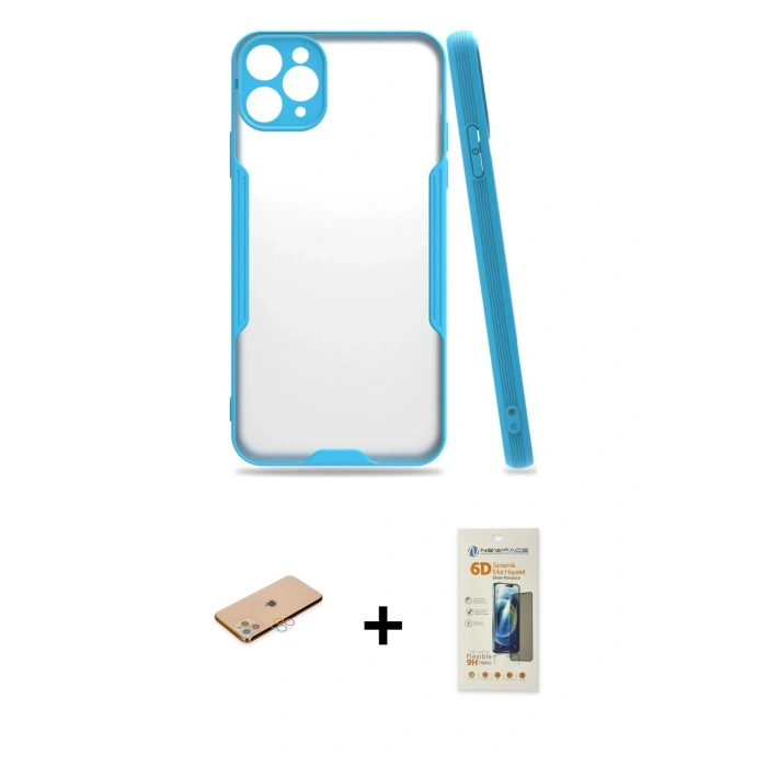 MARSİLYAN™- iPhone 11 Pro Max Kılıf Atlas Asil Serisi - Siyah 6D Mat Seramik Hayalet Nano Ekran Koruyucu + Renkli Kamera Lens Koruma Cam - PE