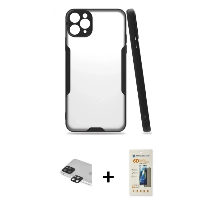 MARSİLYAN™- iPhone 11 Pro Max Kılıf Atlas Asil Serisi - Siyah 6D Mat Seramik Hayalet Nano Ekran Koruyucu + Pers Alüminyum Kamera Lens - SH