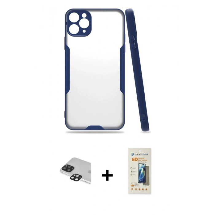 MARSİLYAN™- iPhone 11 Pro Max Kılıf Atlas Asil Serisi - Siyah 6D Mat Seramik Hayalet Nano Ekran Koruyucu + Pers Alüminyum Kamera Lens - SH