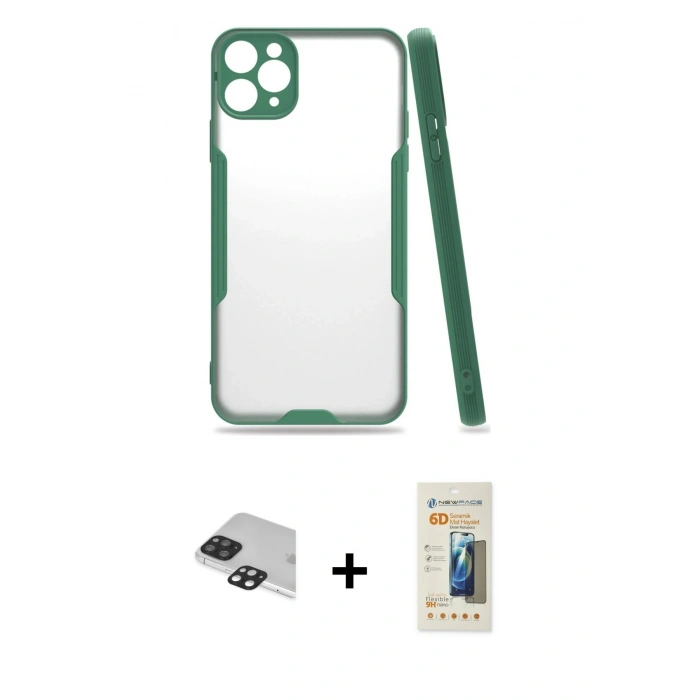 MARSİLYAN™- iPhone 11 Pro Max Kılıf Atlas Asil Serisi - Siyah 6D Mat Seramik Hayalet Nano Ekran Koruyucu + Pers Alüminyum Kamera Lens - SH